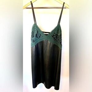 Trafaluc Vegan black leather and gorgeous teal lace slip dress. Size Small